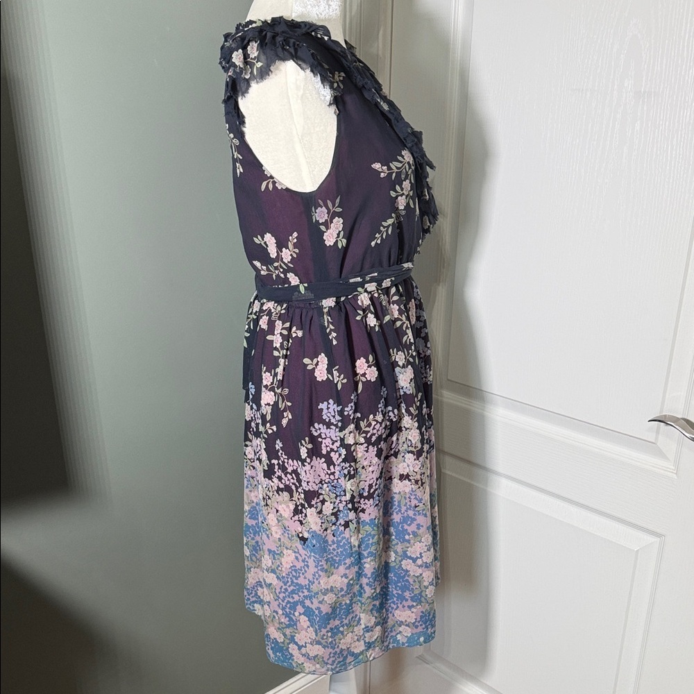 Adrianna Papell Silk Floral Ruffle Dress Size 12 Belted V-Neck Sleeveless - Picture 8 of 12